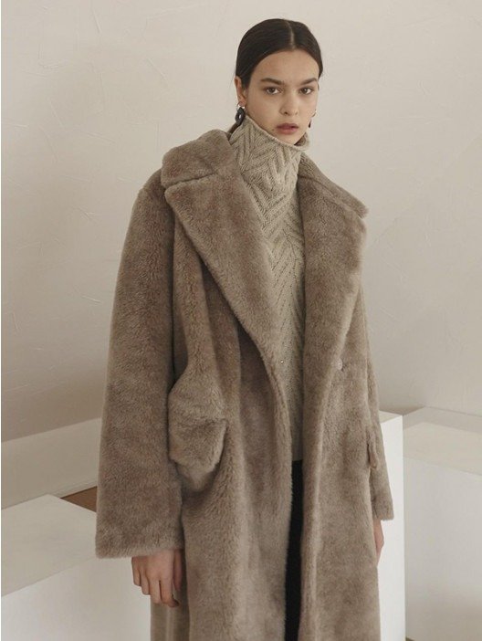 Wool Fake Fur Long Coat_Khaki