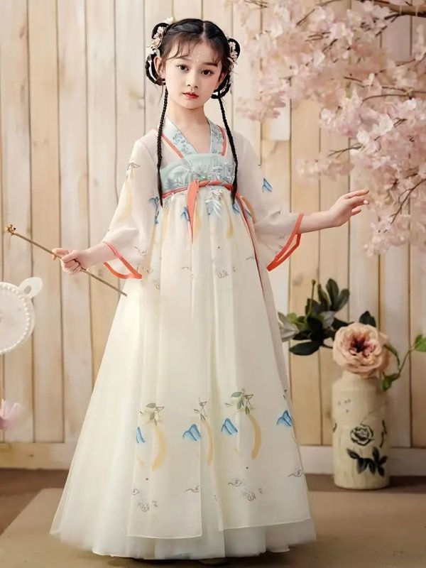Girls Chinese Style Antiquity Hanfu Tang Flowers Embroidery Traditional Dress Performance Costumes Kids Summer Clothes Chinese Size Please Check The Size Guide Carefully | Check Out Today's Deals Now | Temu