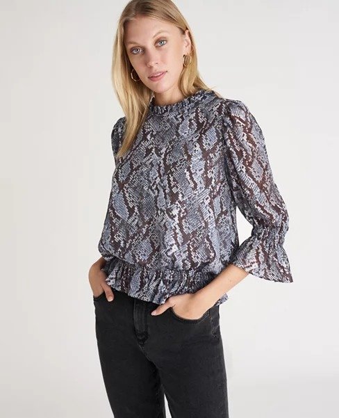 Petite Snake Print Cinched Ruffle Top | Ann Taylor