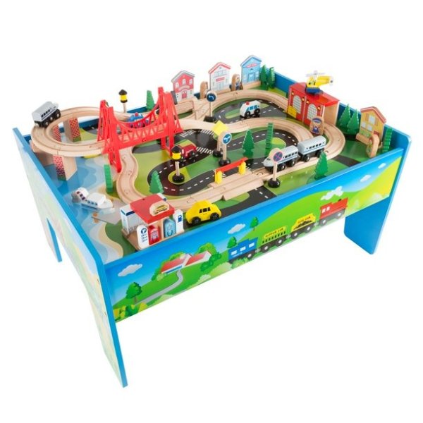 Wooden Train Set & Table for Kids - Complete Set with 75 Pieces