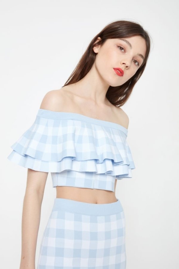 Off Shoulder Cropped Top In Checkerboard Print