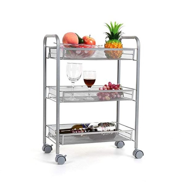 3-Tier Mesh Wire Rolling Cart Multifunction Utility Cart Kitchen Storage Cart on Wheels, Steel Wire Basket Shelving Trolley,Easy Moving,Silver