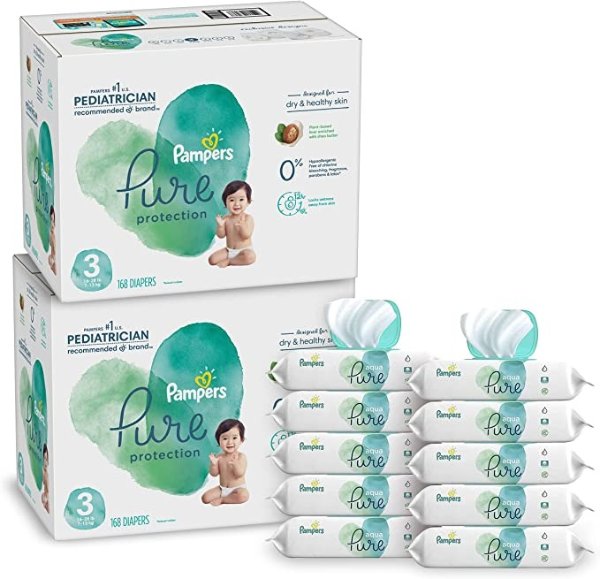 Pure Protection Disposable Baby Diapers Starter Kit (2 Month Supply), Sizes 1 (198 Count) & 2 (186 Count) with Aqua Pure Baby Wipes, 10X Pop-Top Packs (560 Count)