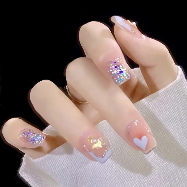 Cute Press On Nails Fake Nails Acrylic Nails With Glitter Powder Designs 24 Pcs Glossy Glue On Nails For Women - Beauty & Personal Care - Temu