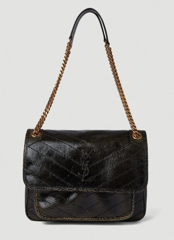 Niki Cracked Leather Shoulder Bag in Black