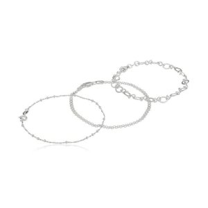 Sterling Silver Set of Three Bismarck, Flat Open-Oval and Thin Twisted Bar Chain Bracelets, 7"