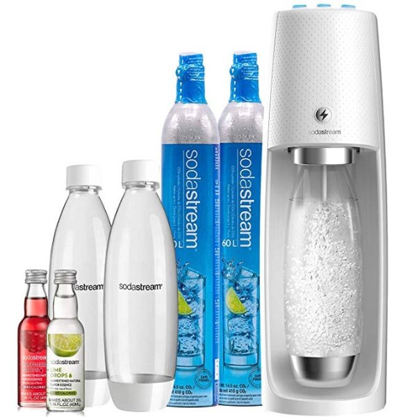 Fizzi One Touch Sparkling Water Maker Bundle (White) with CO2, BPA free Bottles, and 0 Calorie Fruit Drops Flavors