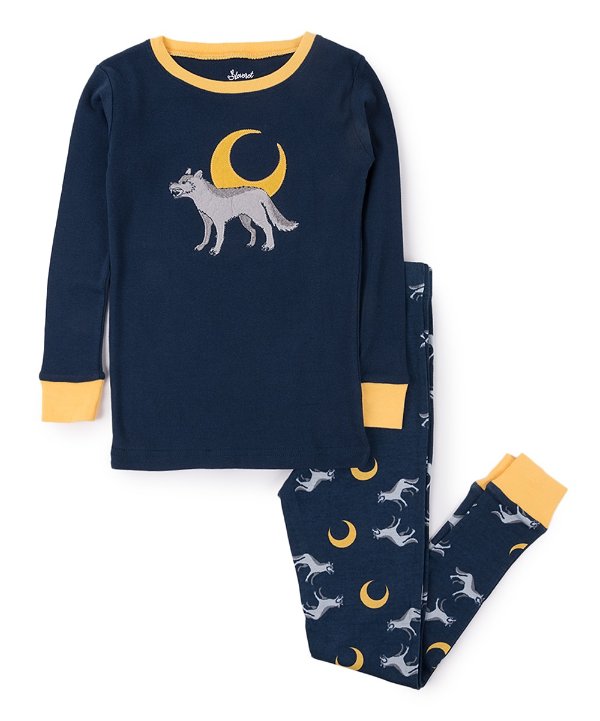 Navy & Yellow Howling Wolf Contrast-Trim Pajama Set - Infant, Toddler & Boys