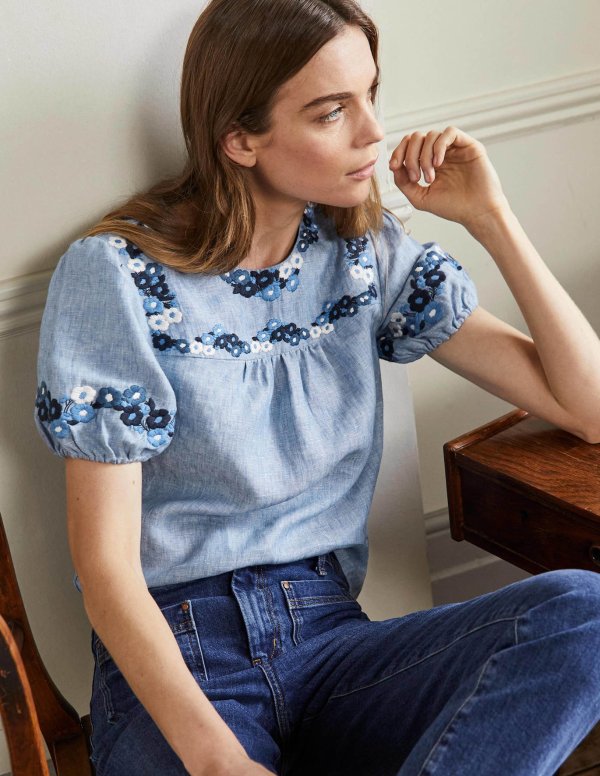 Embroidered Linen Top - Chambray | Boden US