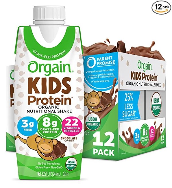 Organic Kids Protein Nutritional Shake, Chocolate - 8g of Protein, 22 Vitamins & Minerals, Fruits & Vegetables, Gluten Free, Soy Free, Non-GMO, 8.25 Oz, 12 Ct (Packaging May Vary)
