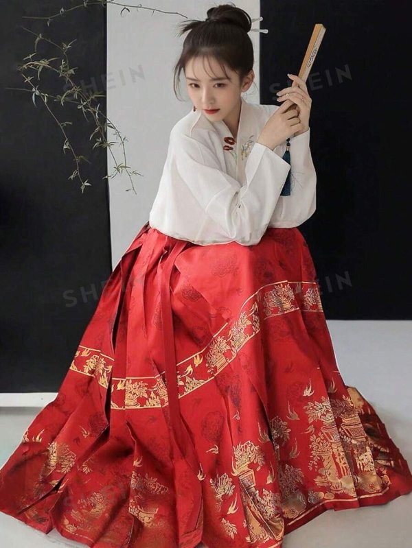New Arrival Chinese-Style Improved Flower Embroidered Top And Horse-Face Skirt, Versatile Hanfu Set | SHEIN USA