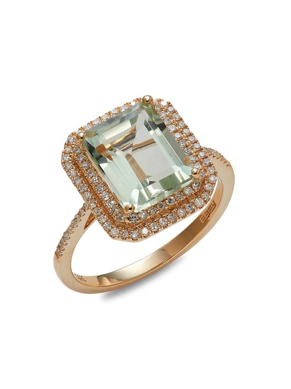 14K 黄金绿水晶钻石戒指