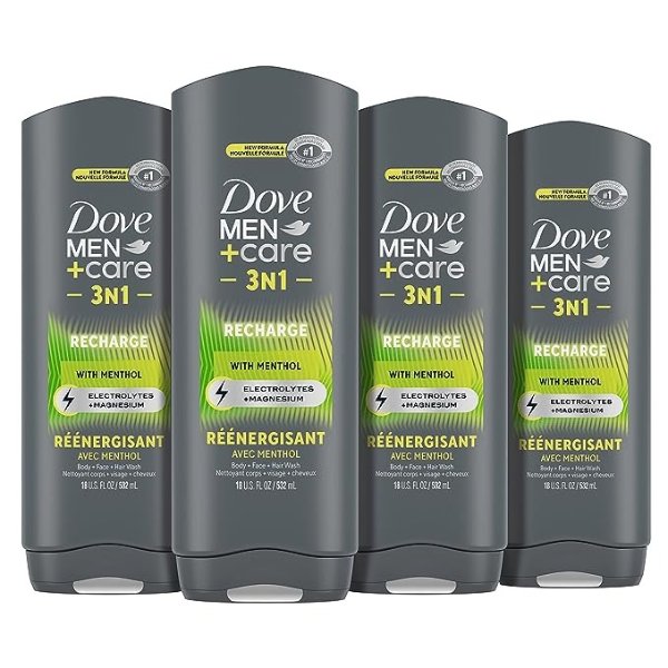  Men+Care Post-Workout Body Wash 3N1 Recharge 4 Count For Men With Menthol, 18 oz
