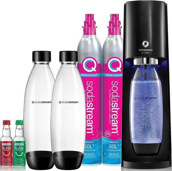E-TERRA Sparkling Water Maker Bundle (Black), with CO2, Carbonating Bottles, and bubly Drops Flavors