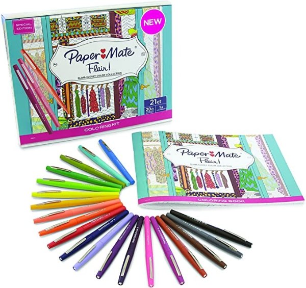 1989556 Paper Mate Flair Felt Tip Pens, Medium Point, Assorted Colors, 20 Count with Women’s Closet Adult Coloring Book