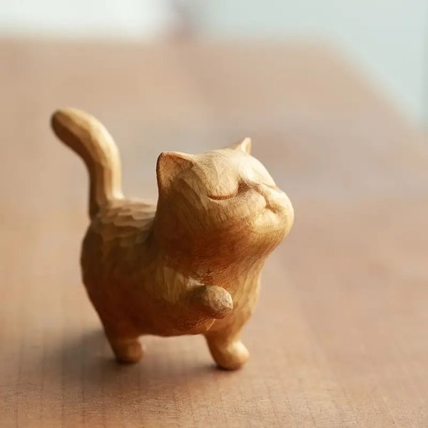 Hand-carved Wooden Cat, Wooden Cat Sculpture Collection Figurine Decoration, Desk Decoration