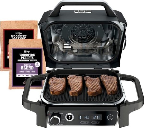 Package - Ninja - Woodfire Outdoor Grill & Smoker, 7-in-1 Master Grill, BBQ Smoker, & Outdoor Air Fryer with Woodfire Technology - Grey + 2 more items