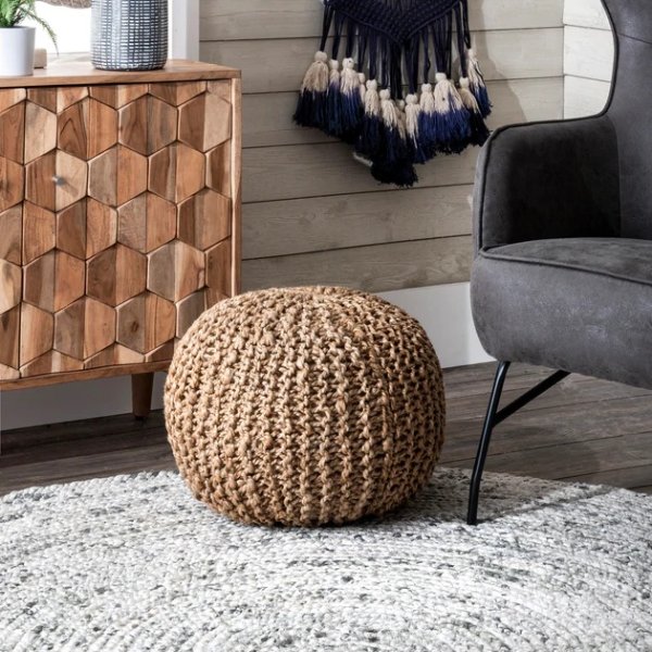 York Classic Knitted Solid Jute Filled Ottoman Pouf