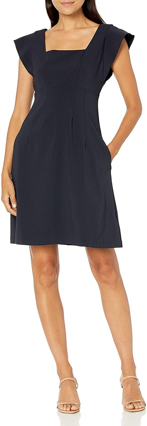 & Ro Women's Stretch Twill Flutter Sleeve Square Neck Fit and Flare Dress