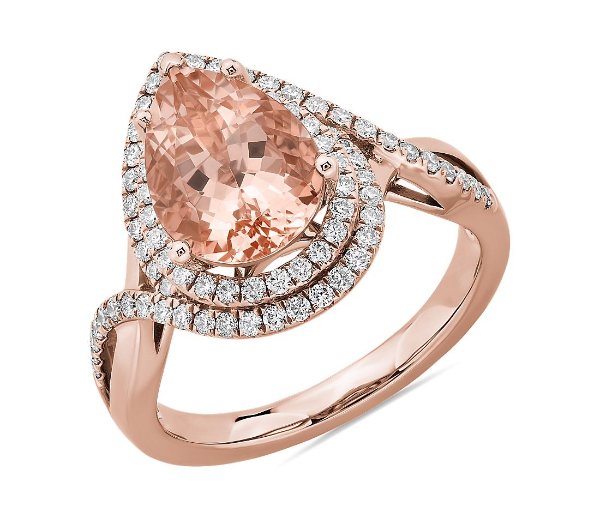 Pear Cut Morganite Ring with Double Diamond Halo in 14k Rose Gold | Blue Nile