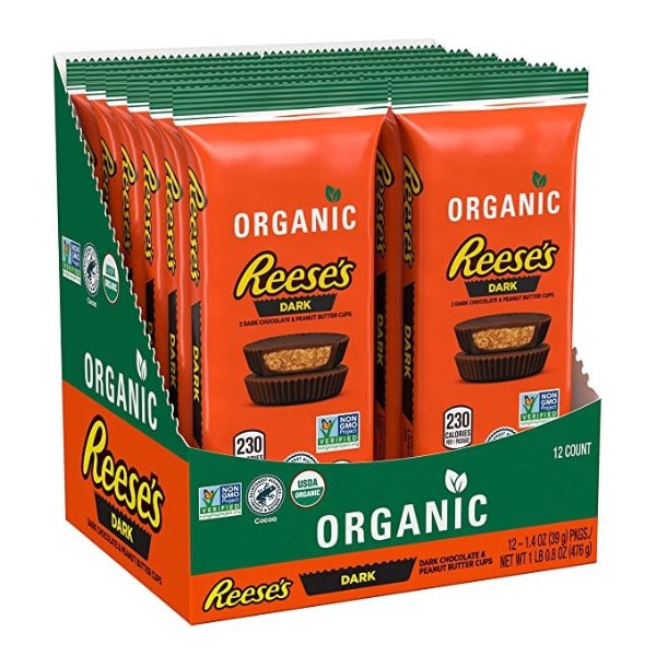 Organic Dark Chocolate Peanut Butter Cups Candy, Non-GMO, 1.4 oz Pack (12 Count)