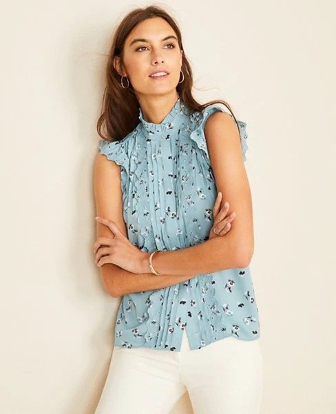Floral Pleated Ruffle Neck Shell | Ann Taylor