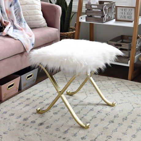 White Fur and Gold Legs Ottoman