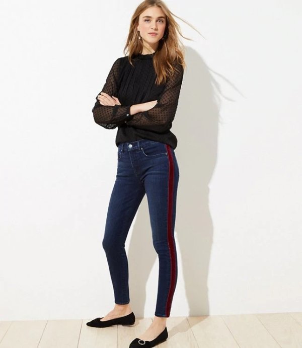 Velvet Stripe Slim Pocket Skinny Jeans in Rich Dark Indigo Wash | LOFT