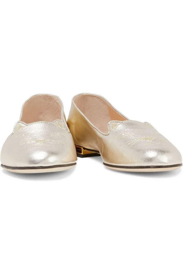 Kitty embroidered metallic leather slippers