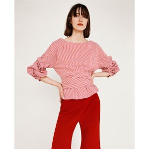 STRIPED BLOUSE WITH PLEATED SLEEVES AND BOW BELT