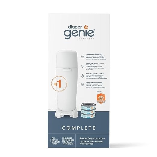 Diaper Genie Complete Diaper Pail (White) with Odor Control | Includes 1 Diaper Trash Can, 3 Refill Bags, 1 Carbon Filter