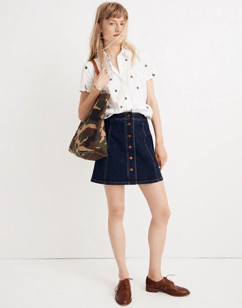 Stretch Denim A-Line Mini Skirt: Button-Front Edition