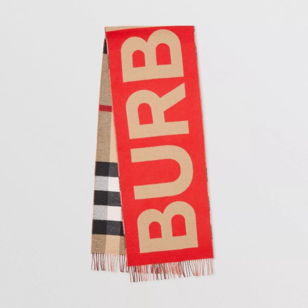 Reversible Check and Logo Cashmere Scarf