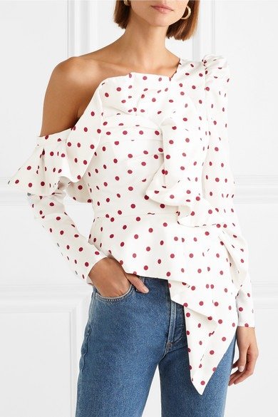 Off-the-shoulder polka-dot satin blouse