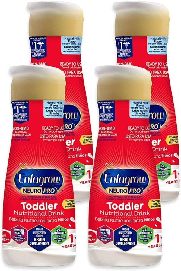 Enfagrow NeuroPro Toddler Nutritional Drink, For Ages 12-36 Months, Natural Milk Flavor, Omega-3 DHA & MFGM, Prebiotics & Vitamins for Immune Health, Ready to Use Bottle, 32 Fl Oz (Pack of 4)