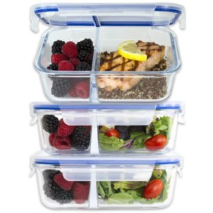 [Large Premium 3 Pack] 2 Compartment Glass Meal Prep Containers w/ New Divider Seal