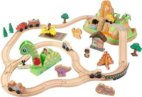 Dinosaur Bucket Top Portable Wooden Train Set with 56 Pieces and 9 Feet of Track, Gift for Ages 3+