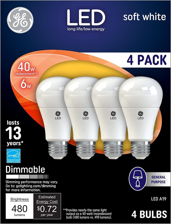 LED 6W 白色 可调亮度 LED灯泡 4个装