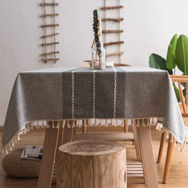 Embroidery Tassel Tablecloth - Cotton Linen Dust-Proof Table Cover for Kitchen Dining Room Party Home Tabletop Decoration (Square, 55 x 55 Inch, Gray)