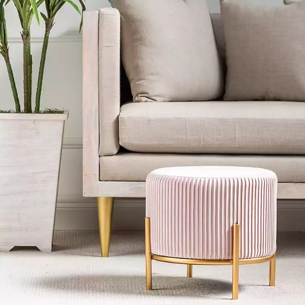New!Pink Pleated Velvet and Gold Metal Stool