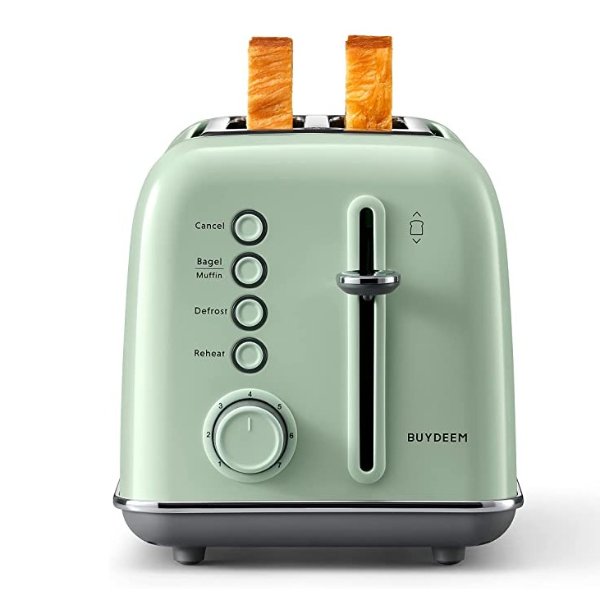 DT620 2-Slice Toaster, Extra Wide Slots, Retro Stainless Steel with High Lift Lever, Bagel and Muffin Function, Removal Crumb Tray, 7-Shade Settings (Cozy Greenish)
