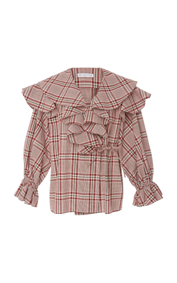 Ruffled Checked Cotton-Poplin Wrap BlouseRuffled Checked Cotton-Poplin Wrap Blouse