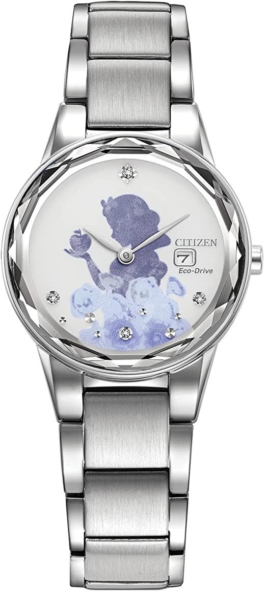 Women's Disney Snow White Eco-Drive Dress Watch with Stainless Steel Strap, Silver-Tone, 16 (Model: GA1070-53W)