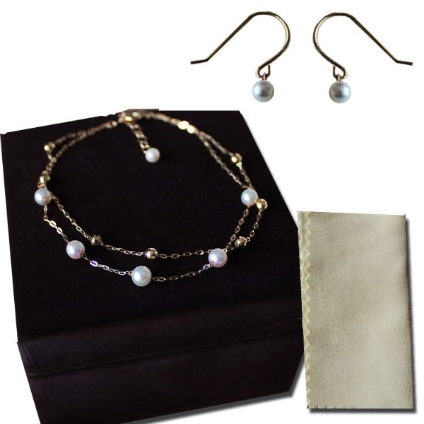 Pearl oyster pearl akoya lucky bag pearl bracelet pierced earrings K18/K14WG 4-4.5mm 3-3.5mm pearl cross