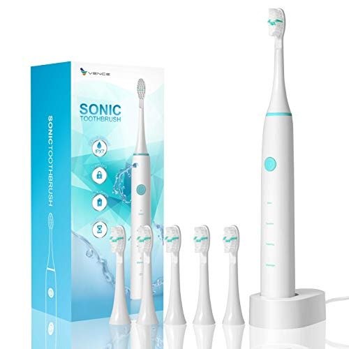 Vence Electric Power Wireless Rechargeable Sonic Toothbrush Ipx7 Waterproof Travel Lock Function With 6 Brush Heads (White)