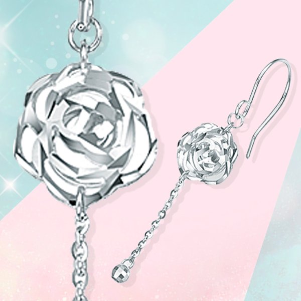 18K White Gold Hollow Cut Rose Flower Design French Hook Earrings