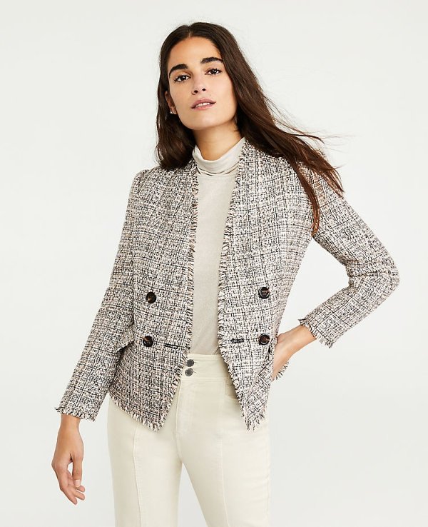 Fringe Tweed Double Breasted Jacket | Ann Taylor