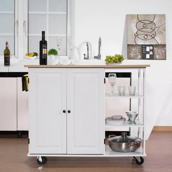 White Kitchen Island with Large Cabinet