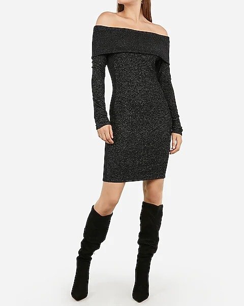 Heathered Off The Shoulder Ribbed Cozy Sheath Dress