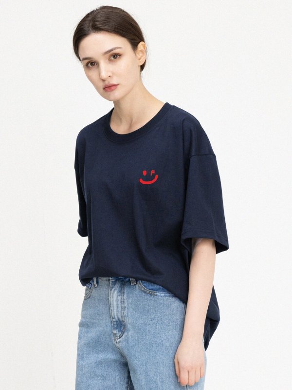 Small Drawing Smile White Clip T-Shirt _Navy